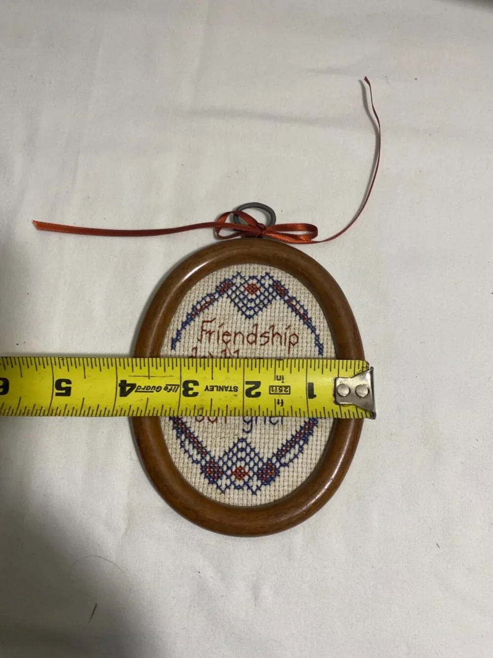Vintage Framed Cross Stitch Friendship Wall Hanging Wooden Oval Frame Handmade